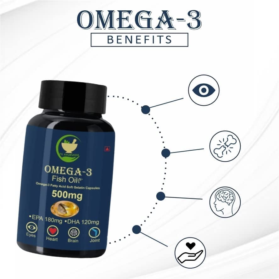 FIJ AYURVEDA Omega 3 Fish Oil (180 mg EPA & 120 mg DHA) Omega 3 Fish Oil | Fatty Acid | Supports Healthy Heart, Brain, Better Skin, Bones, Joint & Eye Care for Men & Women � 500mg 60 Softget Capsules (Pack of 2) view 2