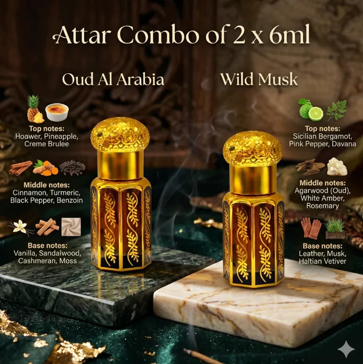 Combo Of 2 - Musk, Oud, Floral Arabic Blend Roll On Attar
