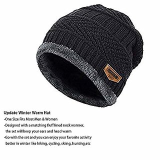 Snow Proof Inside Fur Wool Unisex Beanie Cap with Neck Warmer Winter Hat for Men Women (Multi Color) view 2