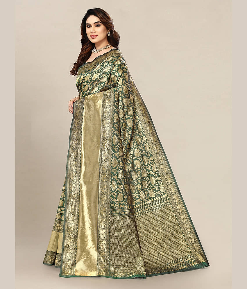 Om Shantam Sarees Banarasi Silk Embellished Saree With Unstitched Blouse Piece ( Multicolour ) view 2