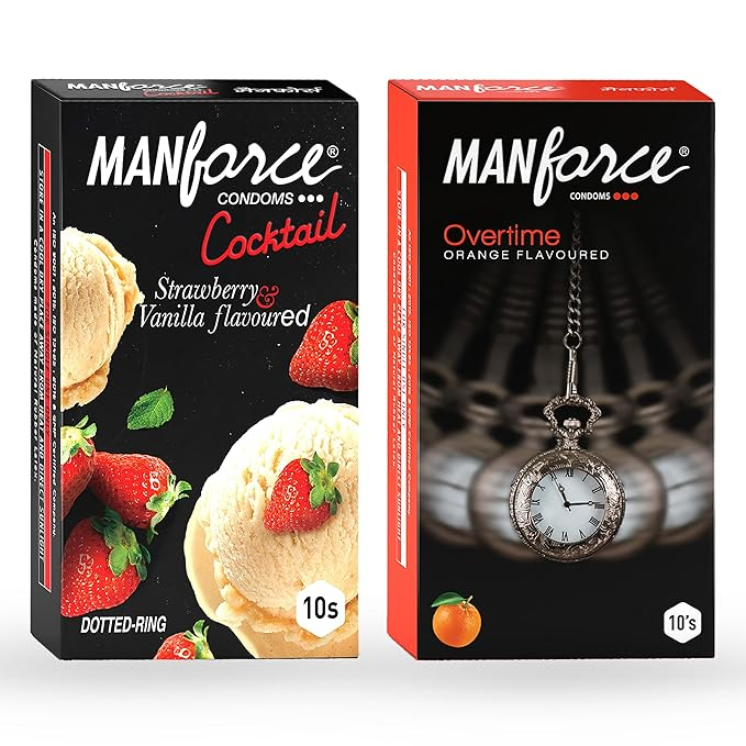 MANFORCE Cocktail Condoms with Dotted-Rings Strawberry & Vanilla Flavoured- 10 Pieces & 3 in 1 Condoms (Ribbed Contour Dotted) Overtime Orange Flavoured- 10 Pieces Condom (Set of 2 20 Sheets)