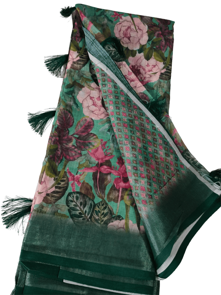 Green Linen Saree With Floral Print and Tassels view 2