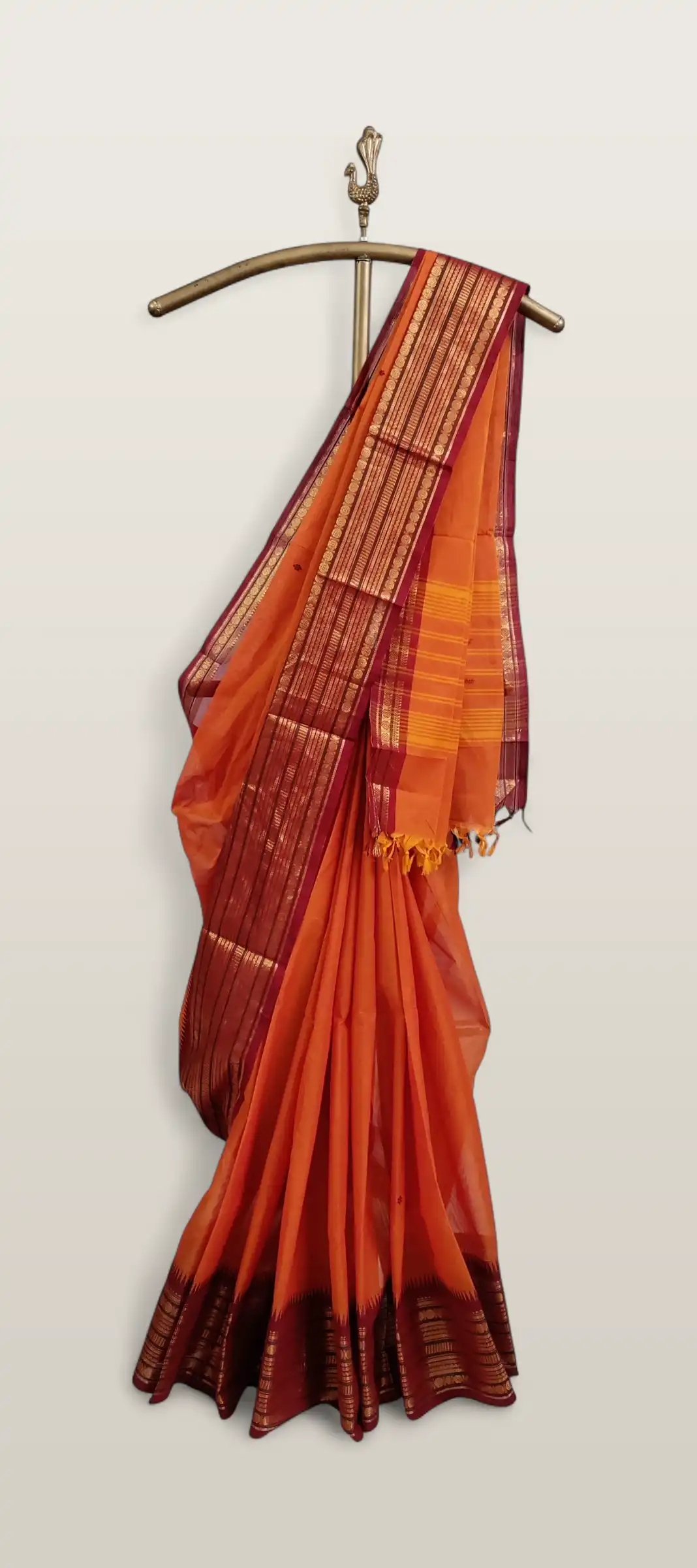 Handwoven Kanchipuram Cotton-Silk Saree in Orange with Golden Border view 2