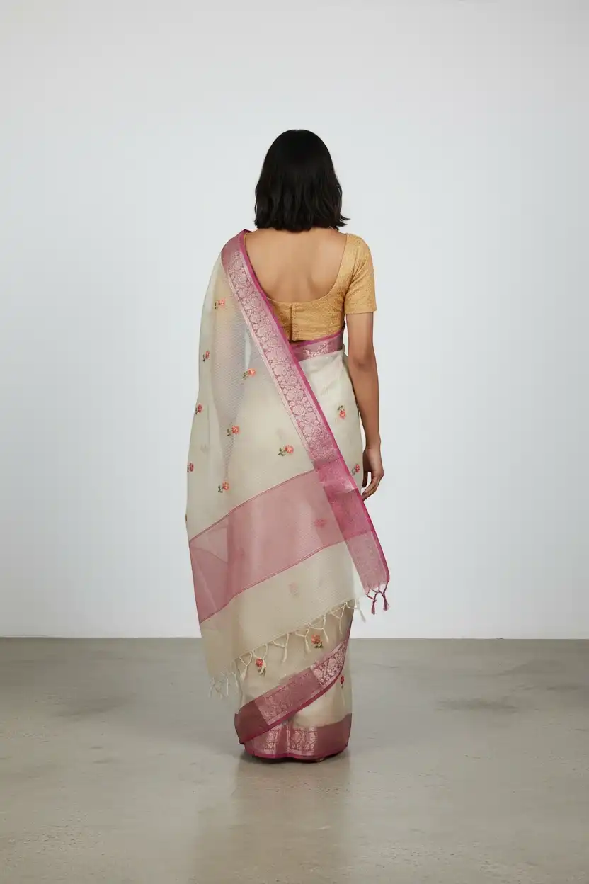 Off‑White Kota Doria Cotton‑Silk Saree with Zari Border view 2