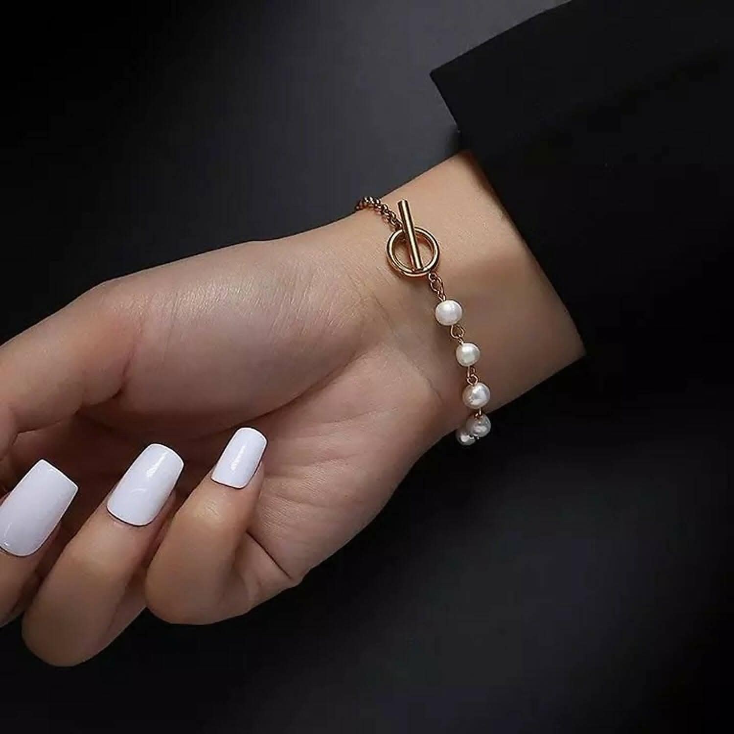 Pinapes Fashion Stitching Adjustable Stainless Steel Gold Plated Pearl Smiley Woman Charm Bracelet view 2