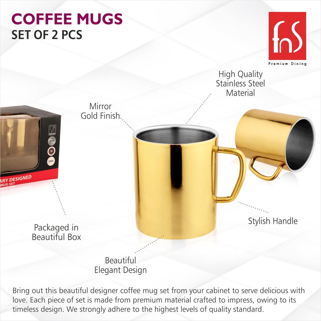 FNS Stainless Steel Coffee Mugs - Double Wall BPA Free - Tea Cup Wide Handle - Gold view 2