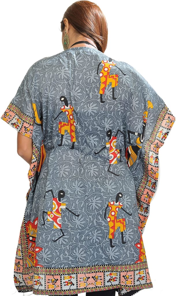 Gray Printed Short Kaftan with Dori at Waist view 2