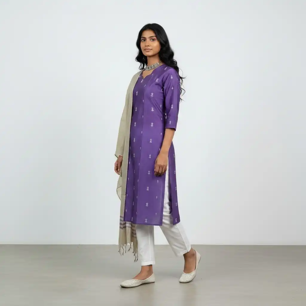 Mangalagiri Raw Silk Kurti Set with Buttas and Checked Dupatta in Purple view 2