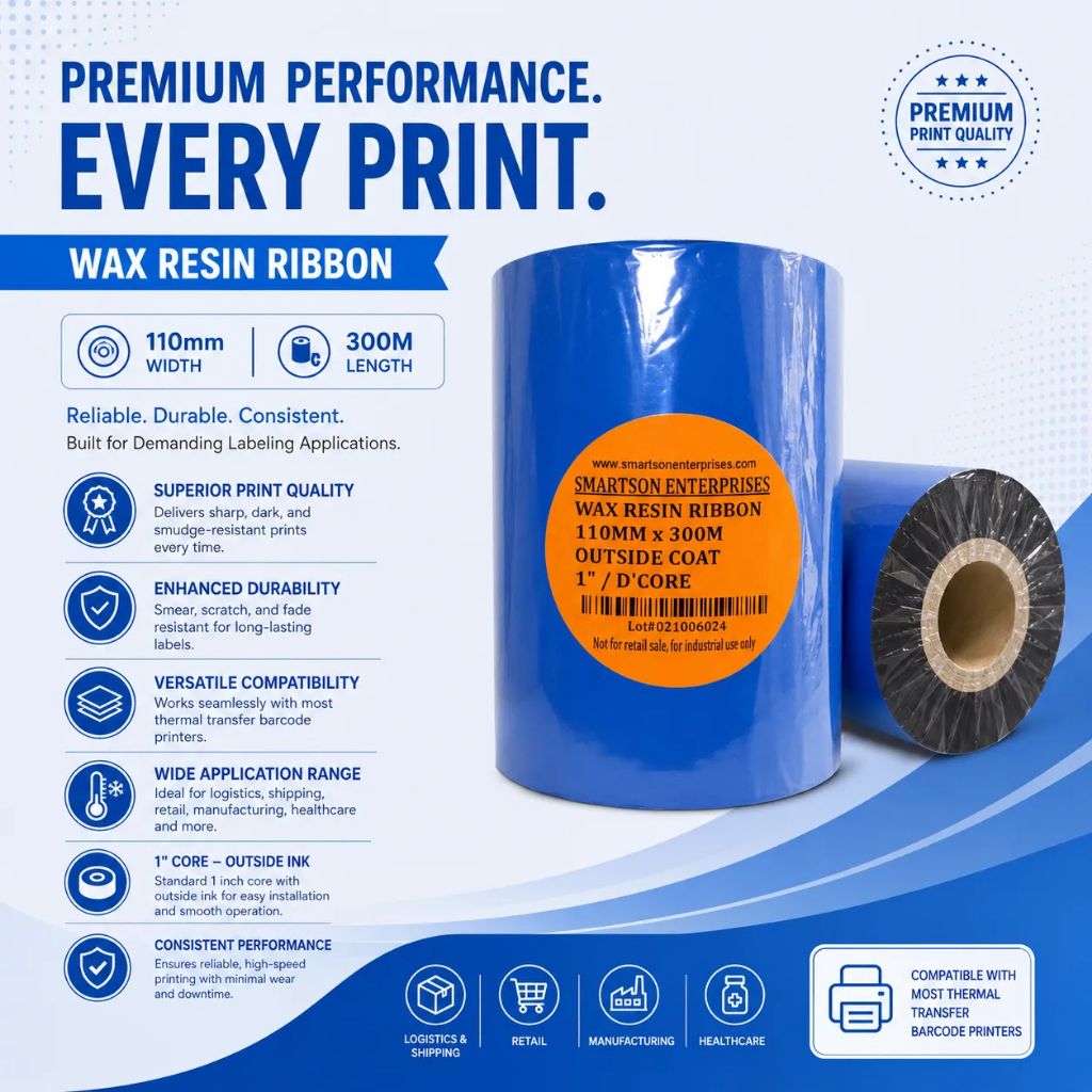 Wax Resin Ribbon 110mm x 300m – Ink Outside | Durable Thermal Transfer Ribbon for TSC, Zebra & Other Barcode Printers view 2