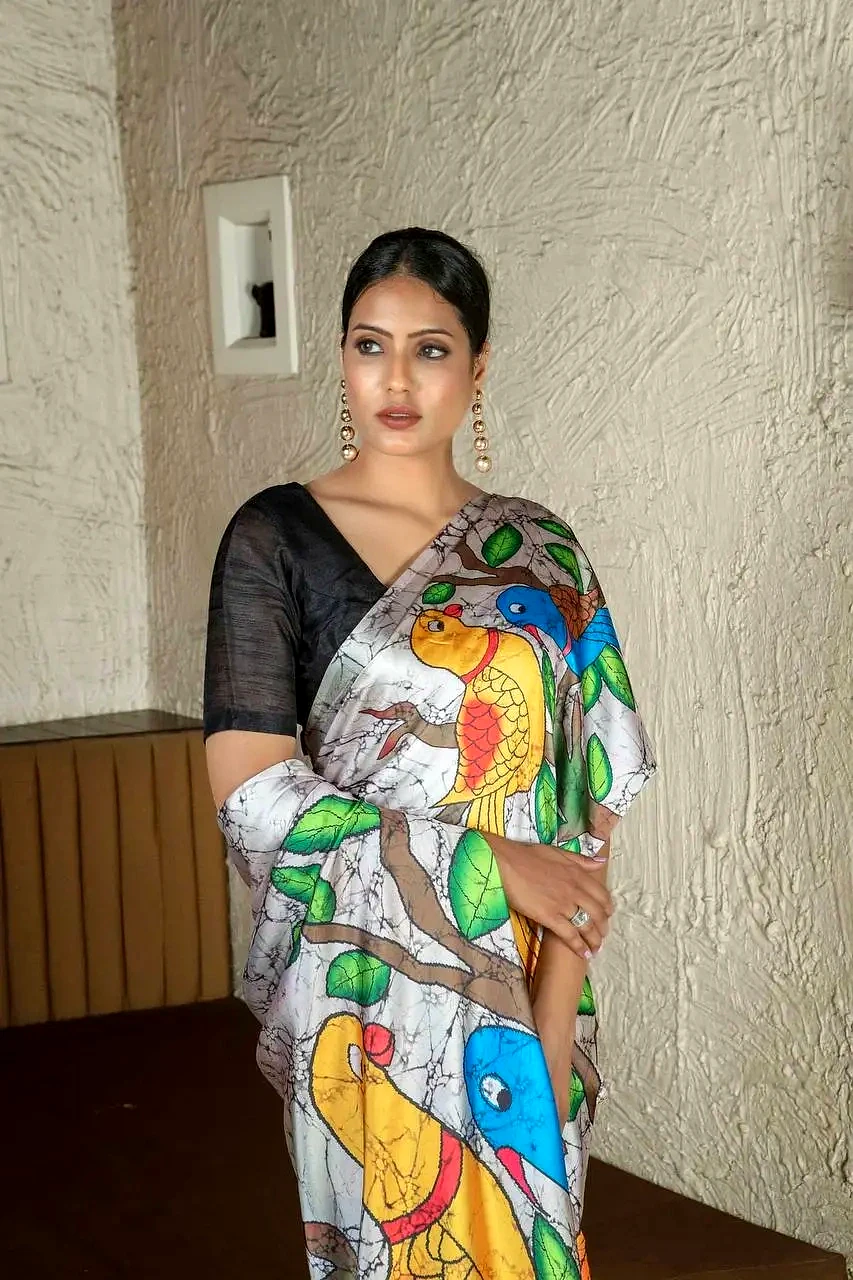 Cream Coloured & Yellow Ethnic Motifs Satin Saree by SHIV TEXTILES view 2