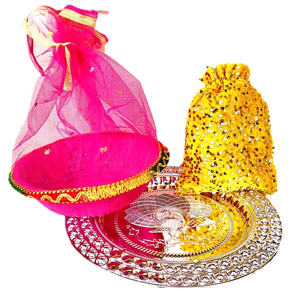 Omkar by R3 Inc. Silver Gift Plate, Basket with Shagun Potli for Gifts Hampers | Fancy Hamper| Wedding Basket / Pouch for gift Packing (Pack of 3) view 2