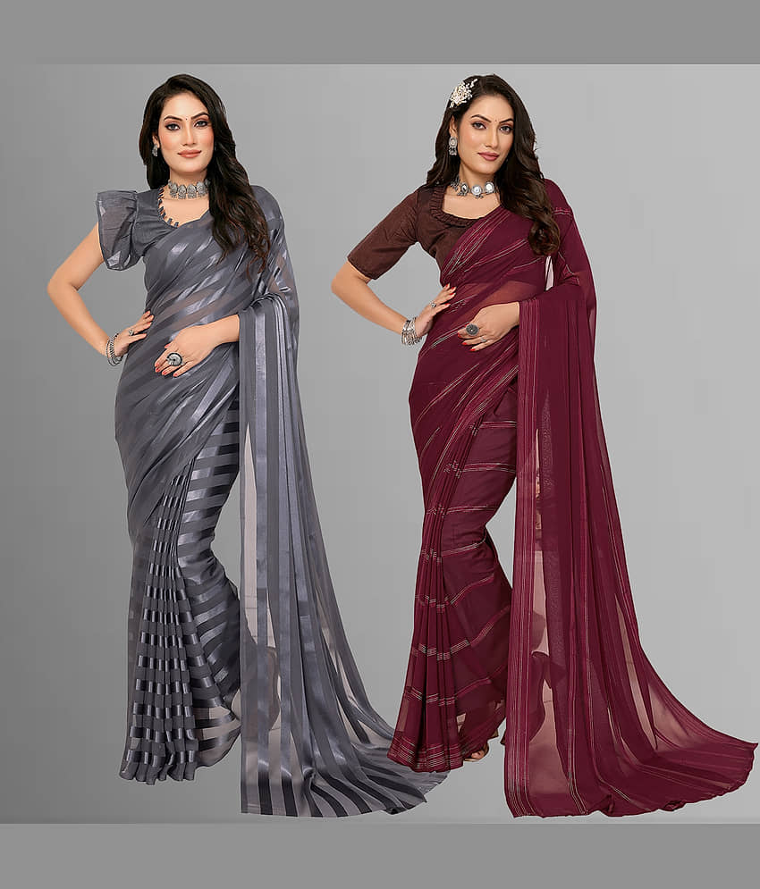 ANAND SAREES Satin Striped Saree With Unstitched Blouse Piece ( Multicolor )