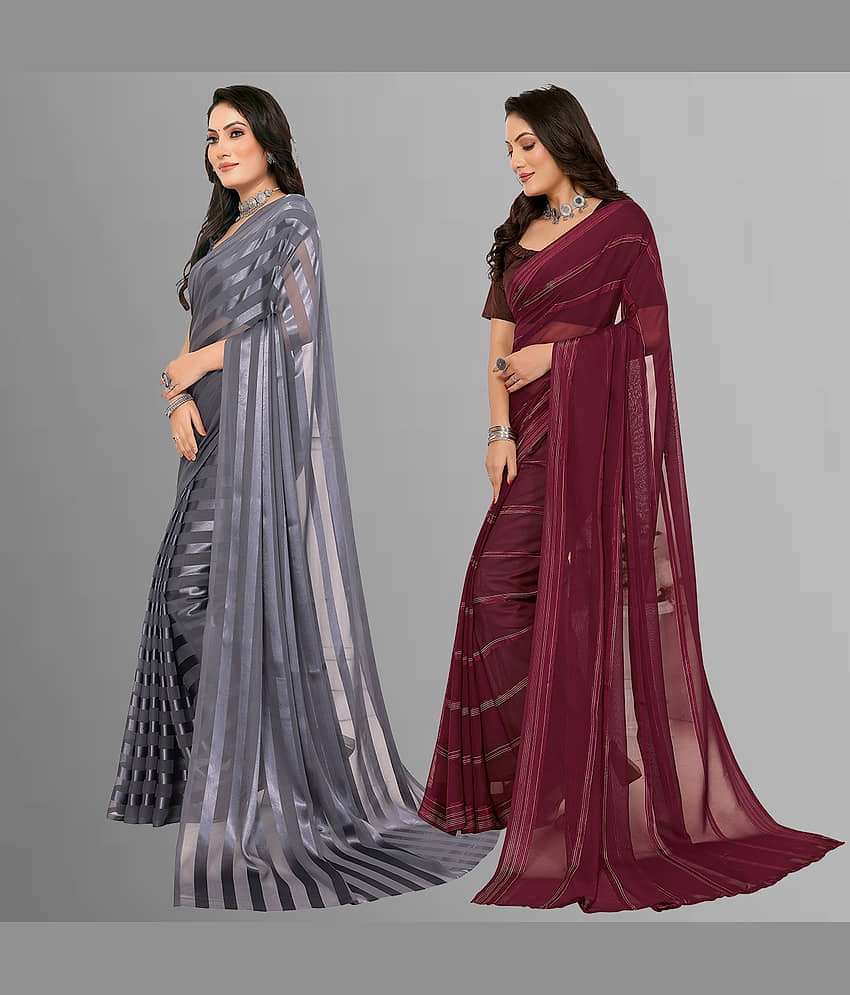 ANAND SAREES Satin Striped Saree With Unstitched Blouse Piece ( Multicolor ) view 2