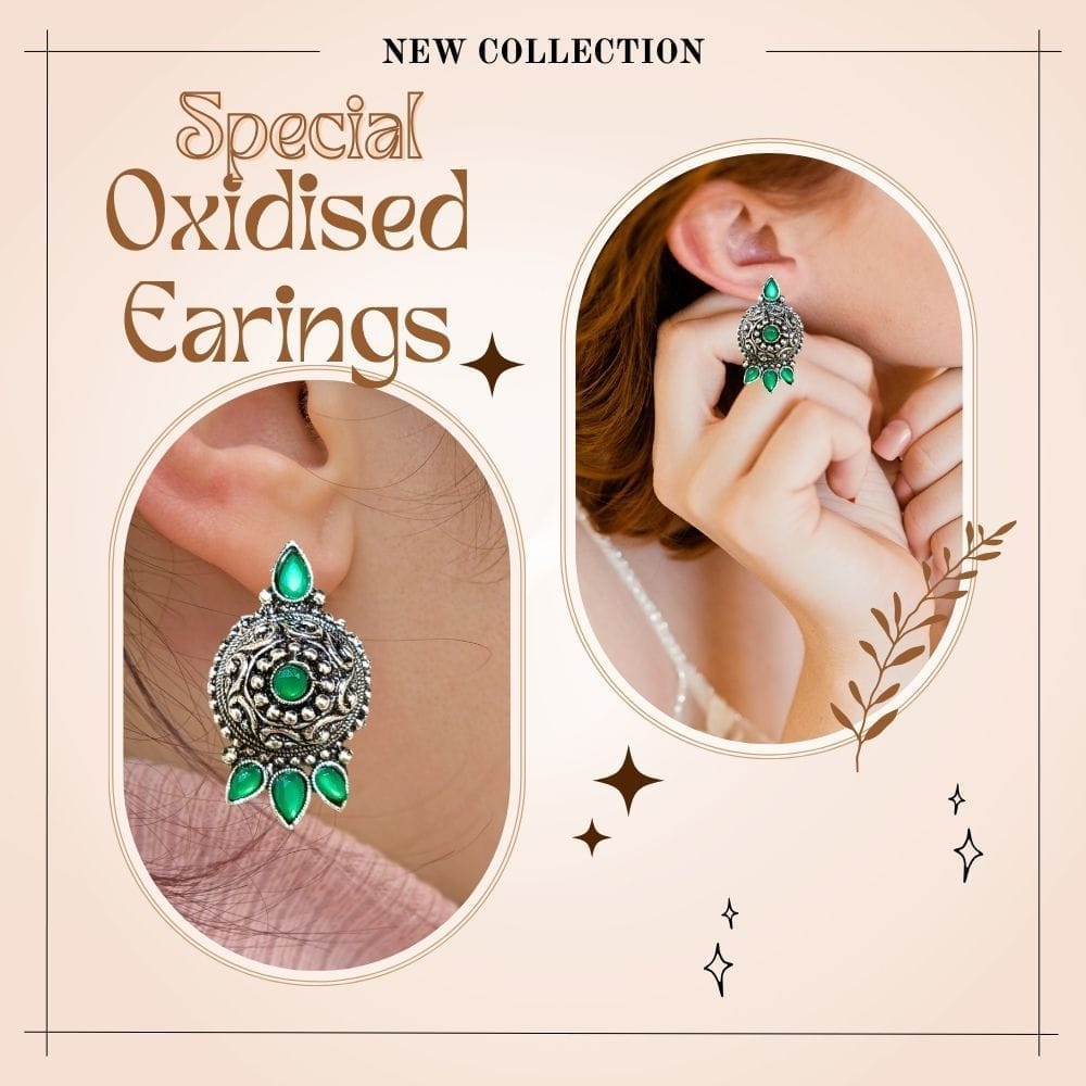 Jewelryklub Oxidized German Silver Antique Look Afghani Chandbali Earrings With Green Stones view 2