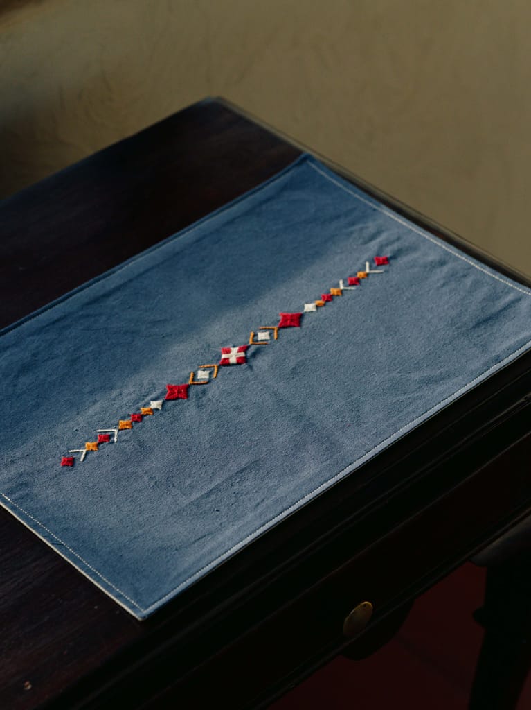 Handmade Indigo Blue Cotton Placemats with Geometric Embroidery (Set of 4) view 2