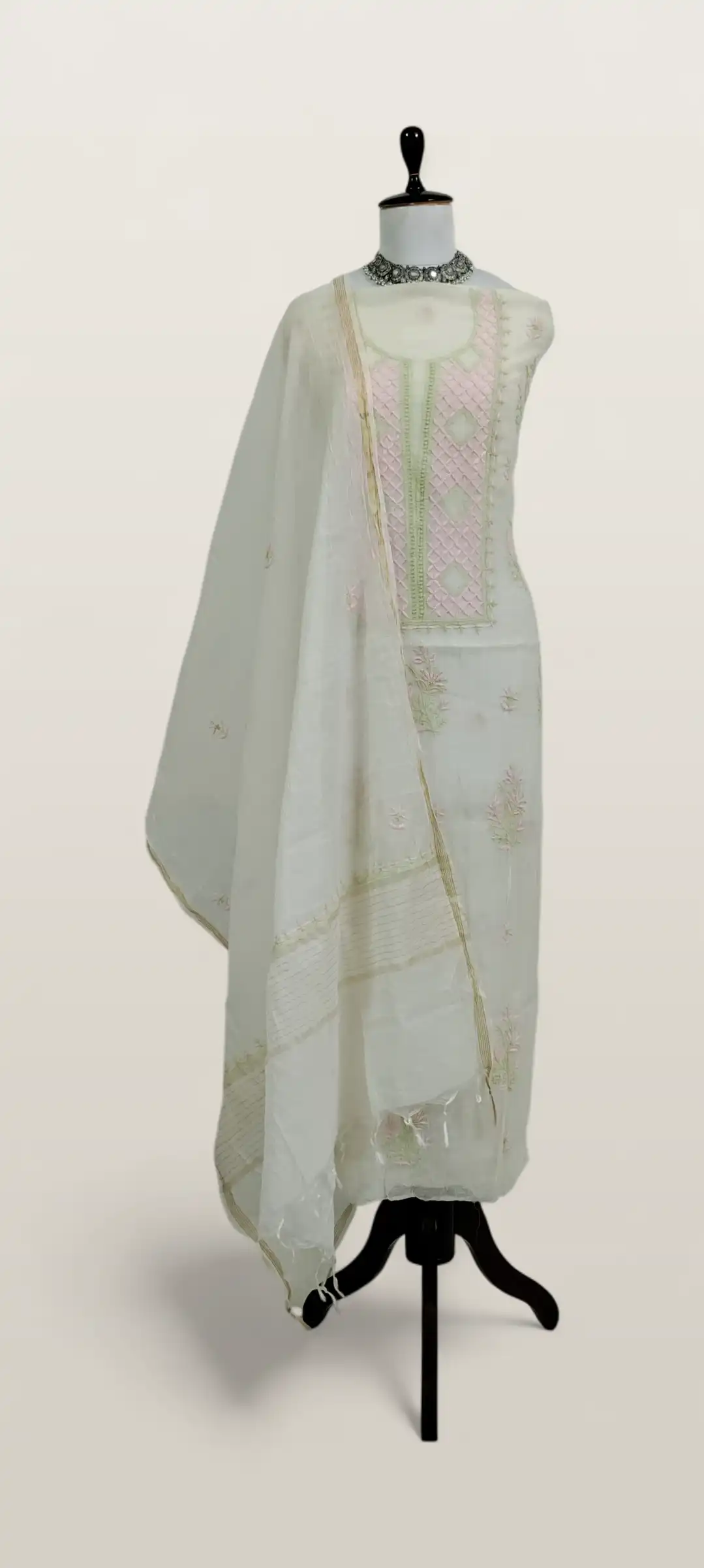 Chikankari Mul Chanderi Dress Material Pink Green Jaali Yoke