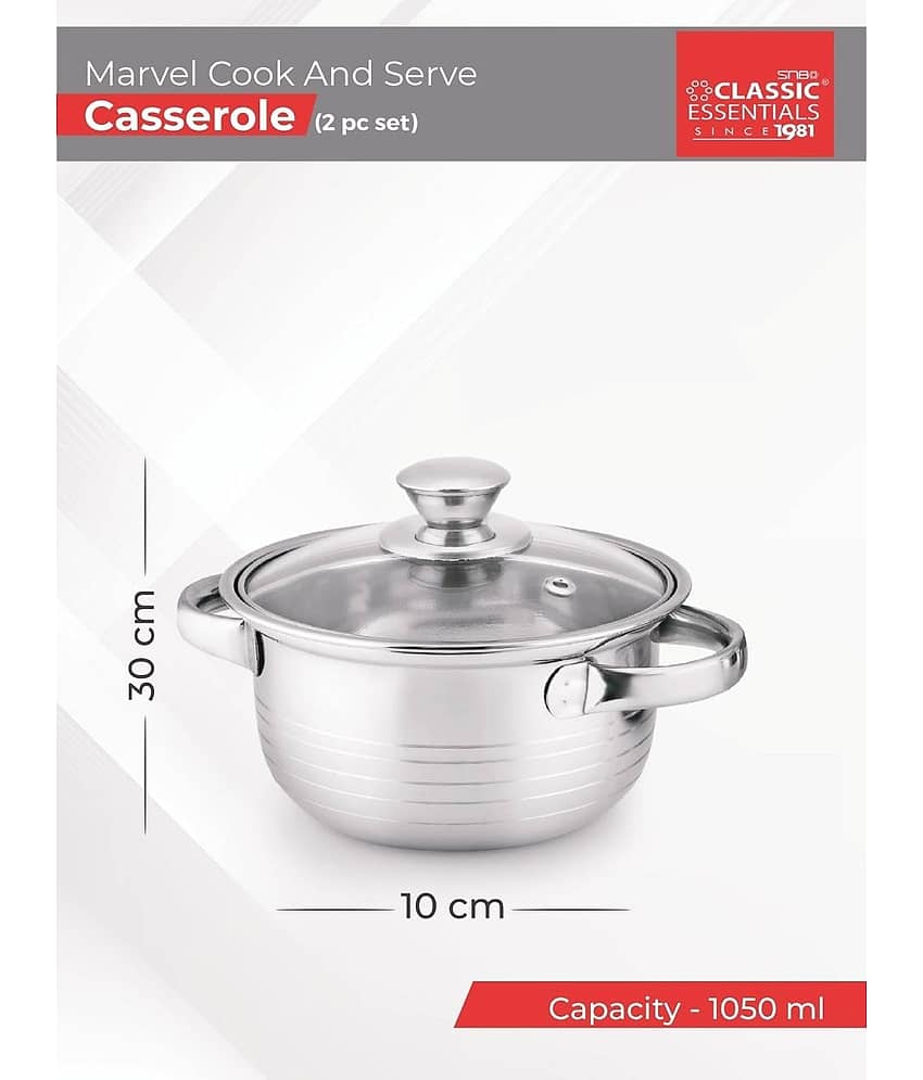 Classic Essentials Casserole with Glass Lid Silver Steel Serve Casserole ( Set of 2 , 1050,2100 mL ) view 2
