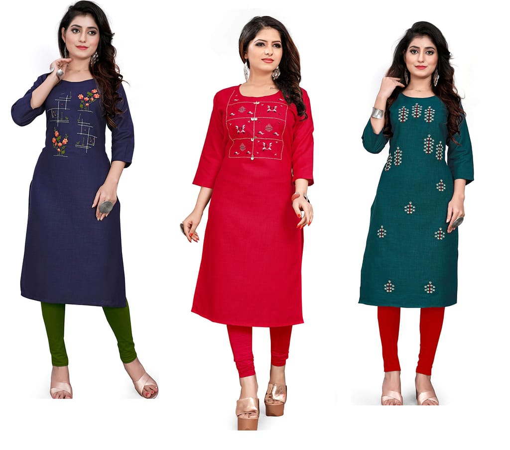 STYLEOO Women's Cotton Embroidered Regular Combo Kurti Pack of 3 (Blue, Red, Green) (M, L, XL, XXL)