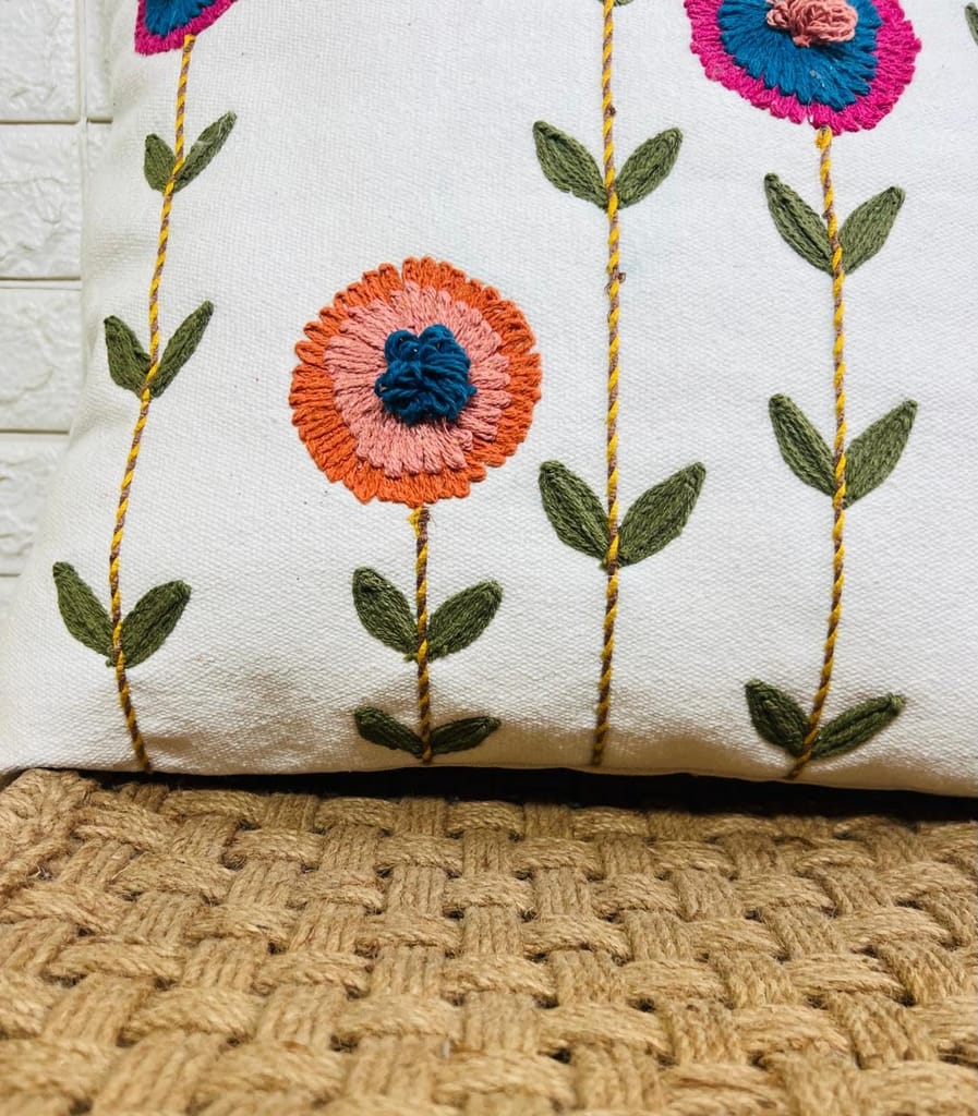 Indihomecraft Handicraft Cotton Cushion Cover - Hand Stitched Embroidery Decorative Art Boho Pillow Flower Shape Hand Made Pillow Cover | Hand Stitch Square Shape 18X18 Inches Cushion Cover, Set of 1 view 2