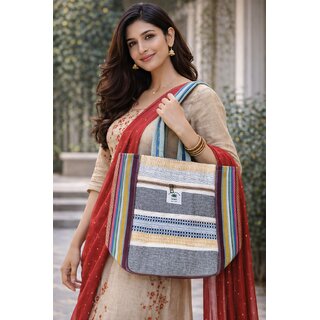 Handcrafted Multicolor Hemp Tote Bag with Striped Side Panels view 2