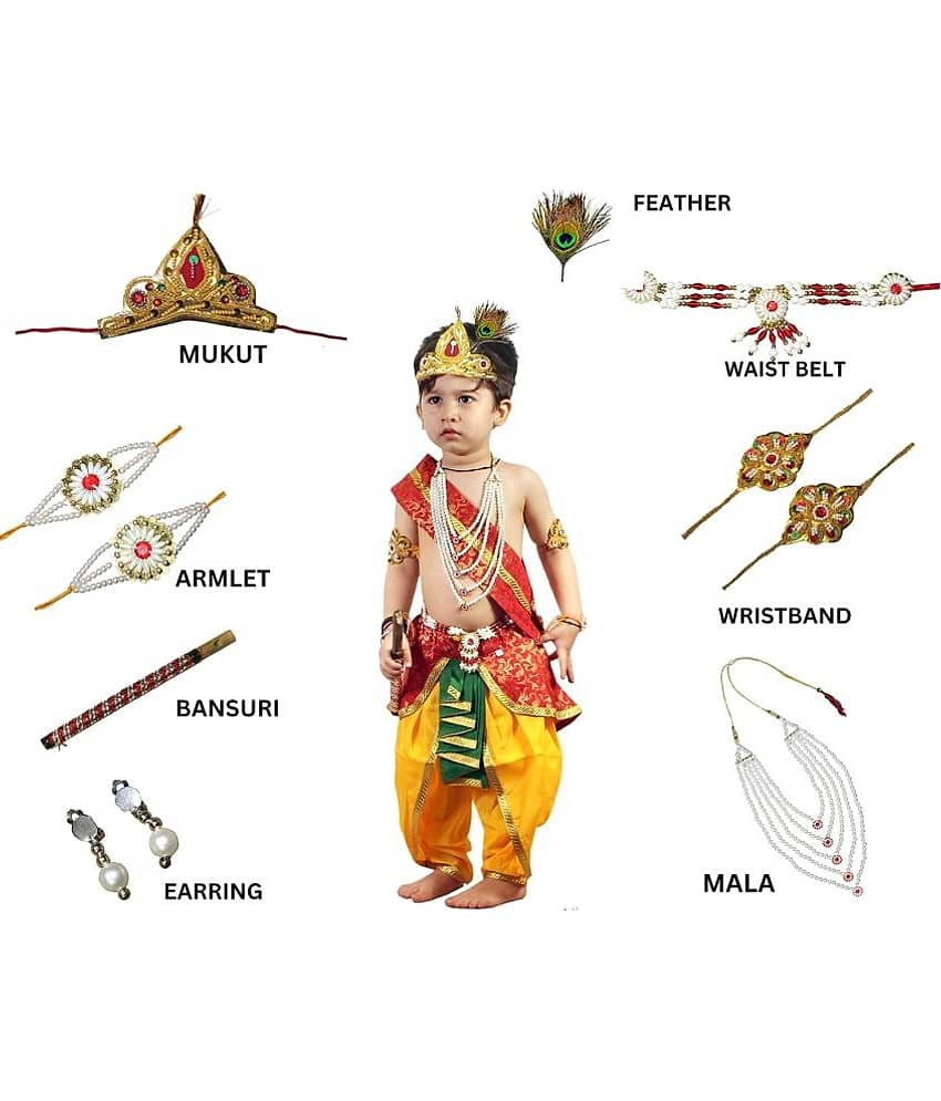 Kaku Fancy Dresses Krishna Costume for Kids Infant Baby Krishna Dress for Boys (Set of 11 - Red Dhoti, Patka(Stole), Belt, Mukut, Layer Pearl Mala, Moti Bajuband, Earrings, Bansuri & Morpankh) view 2