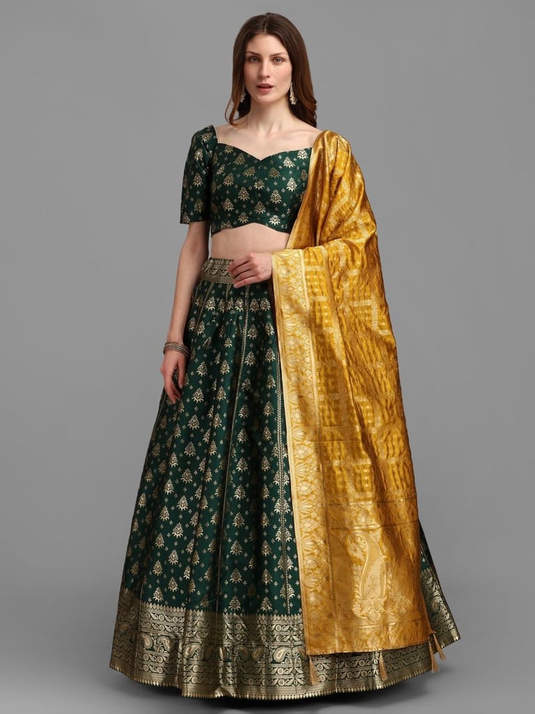 Green Brocade Fabric Lehenga & Unstitched Blouse With Dupatta view 2