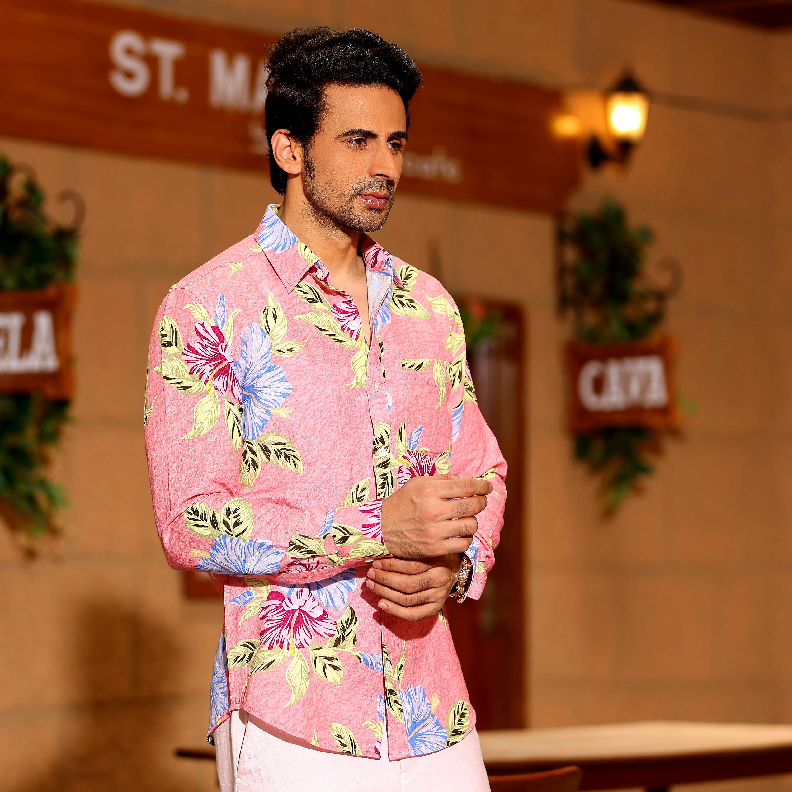 Hibiscus Flower Salmon Pink Casual Full Shirt (Size - S) by BLUE EAGLE view 2