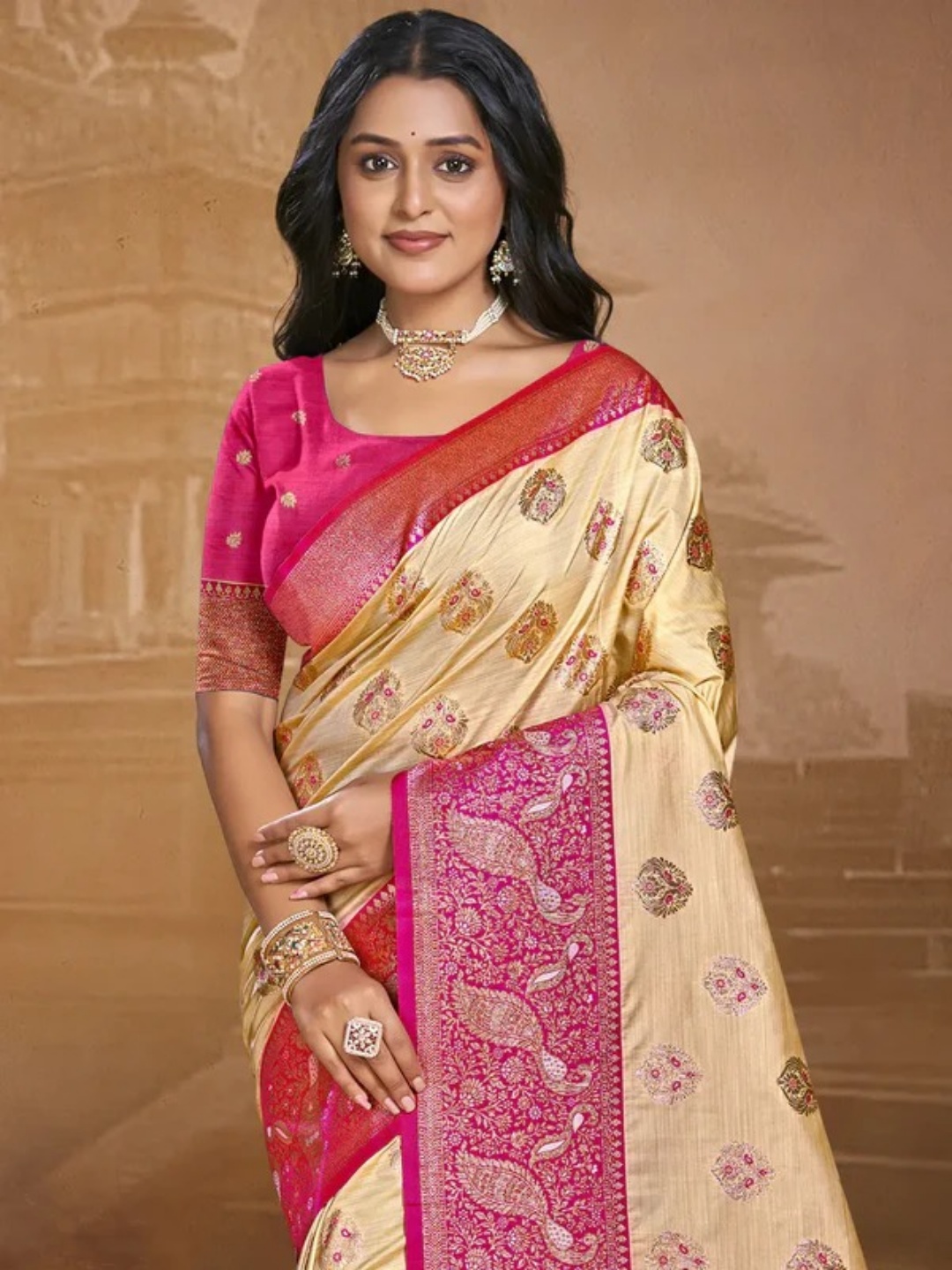 Beige Silk Saree view 2