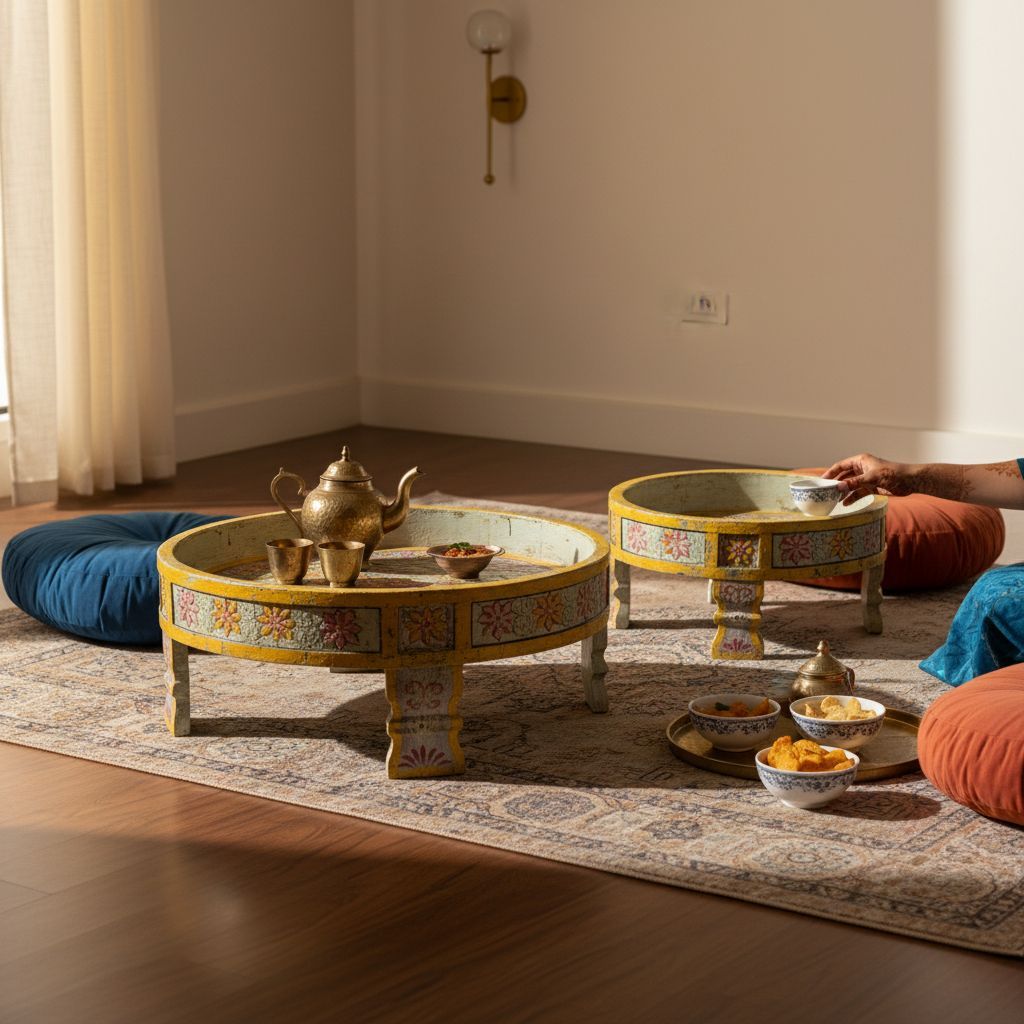 Wooden Beautiful Round Chakki Table, Home Decors Handicraft Coffee Table In Set Of Two, Bedroom Decors Nightstand Table, Beautiful Decorative Table view 2