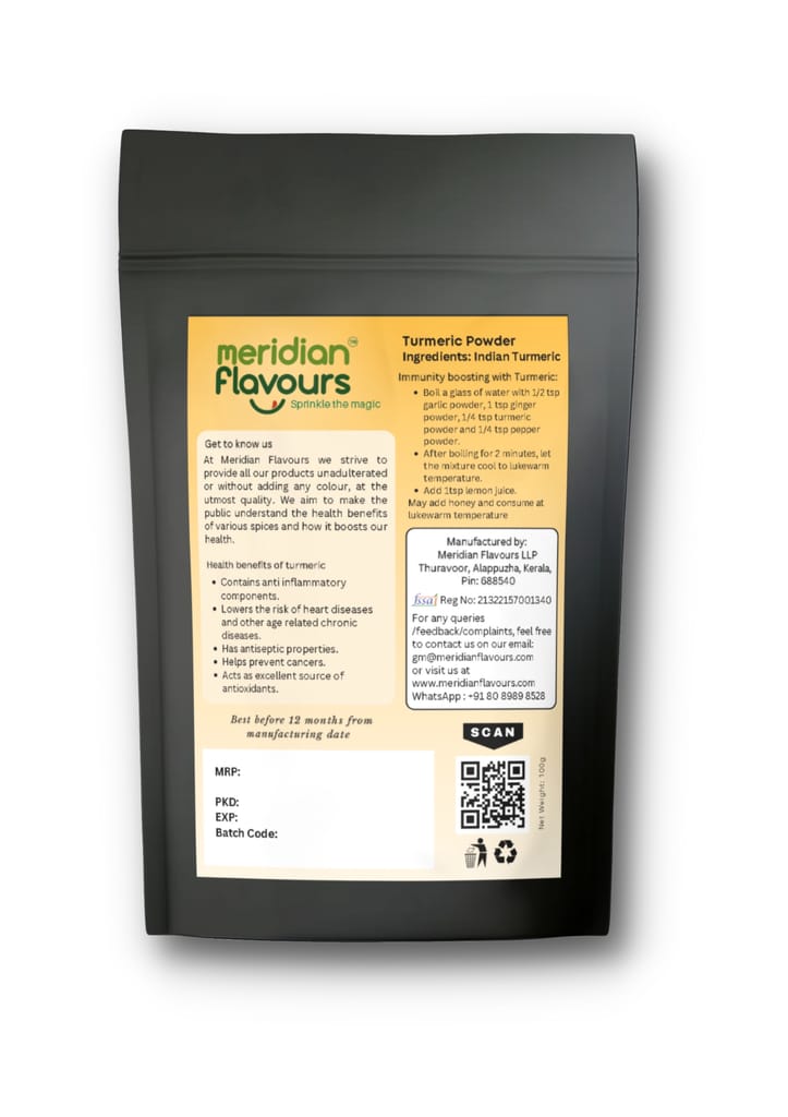 Meridian Flavours Dehydrated Turmeric Powder | Washed and Cleaned Without Outer Skin | Rich in Curcumin | 100% Natural and Preservatives Free | (Turmeric Powder, 100gm) view 2