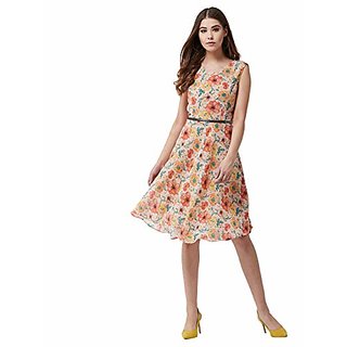 Miss Chase Womens Multicolor Round Neck Sleeveless Belted Floral Skater Knee Long Dress with Zip Closure view 2