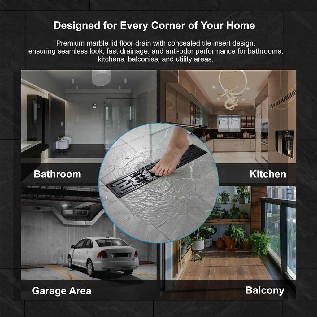Ceramic (24 x 4 Inches) Melamine Shower Channel Floor Drain Black Glossy Finish (RB-220) view 2