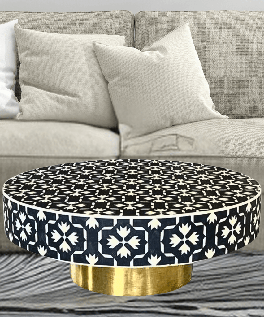 Niktan Export Black Bone Inlay Round Coffee Table – Handcrafted with Brass Legs | Luxury Home Decor view 2