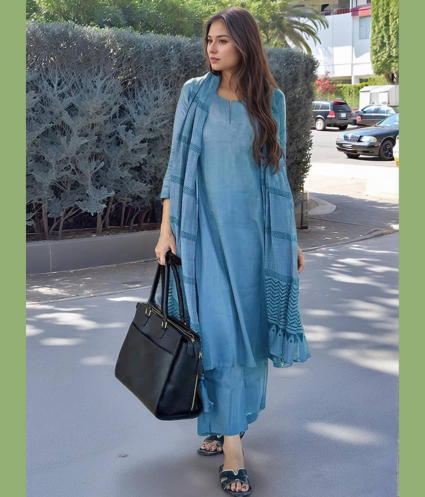 Lee Moda Women Rayon Solid A-line Kurti With Pants ( Blue ) view 2
