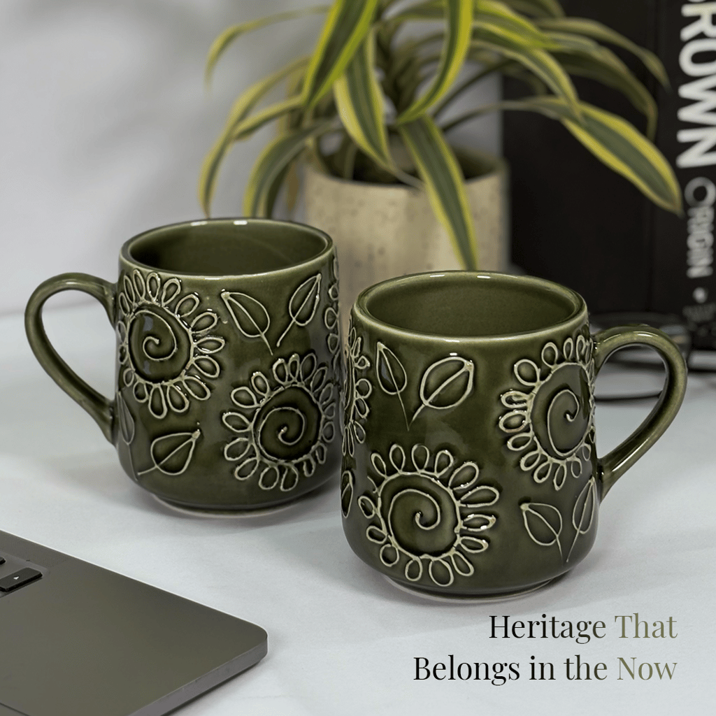 Heritales Olive Bloom Ceramic Mug for Coffee, Milk & Tea Lovers – 350 ML | Handcrafted in India | Vegan, Bone China-Free | Microwave, Dishwasher & Freezer Safe | Premium Artisanal Mug– Set of 1 view 2