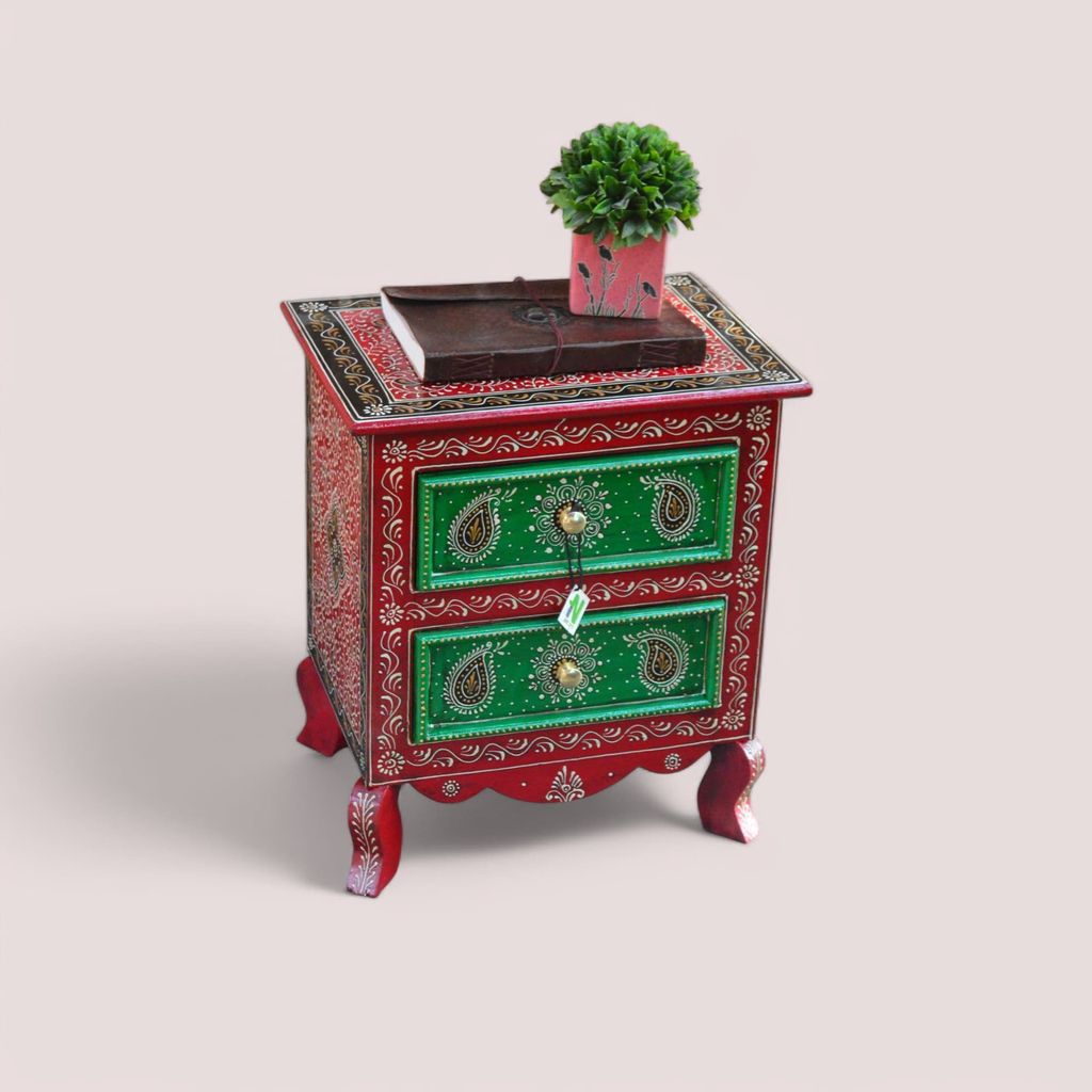 "Hand-painted Wooden 2-Drawer Accent Cabinet with Intricate Paisley Design and Red Base". view 2