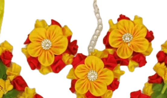 Yellow and Red Artificial Flower Jewelry Set with Necklace, Earrings, and Bangles view 2