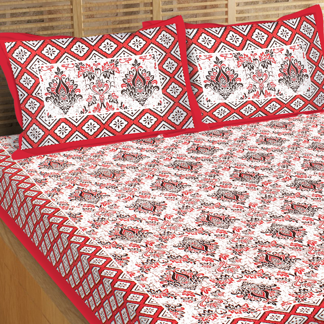 Lali Prints White Red Printed Cotton 130 TC Queen Bedsheet With 2 Pillow Covers view 2