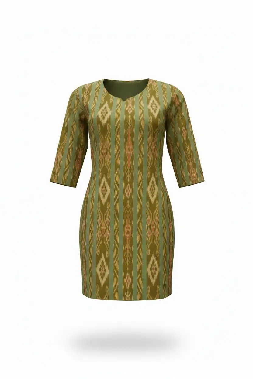 Sambalpuri Ikat Diamond Olive-Odisha Handloom Cotton Kurti