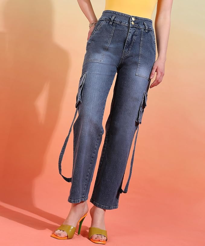 Glossia Fashion Women Cargo Jeans | High Waist Stretchable Wide Leg Straight Fit Denim| Boyfriend Jeans for Women - Mid Blue, 36 view 2