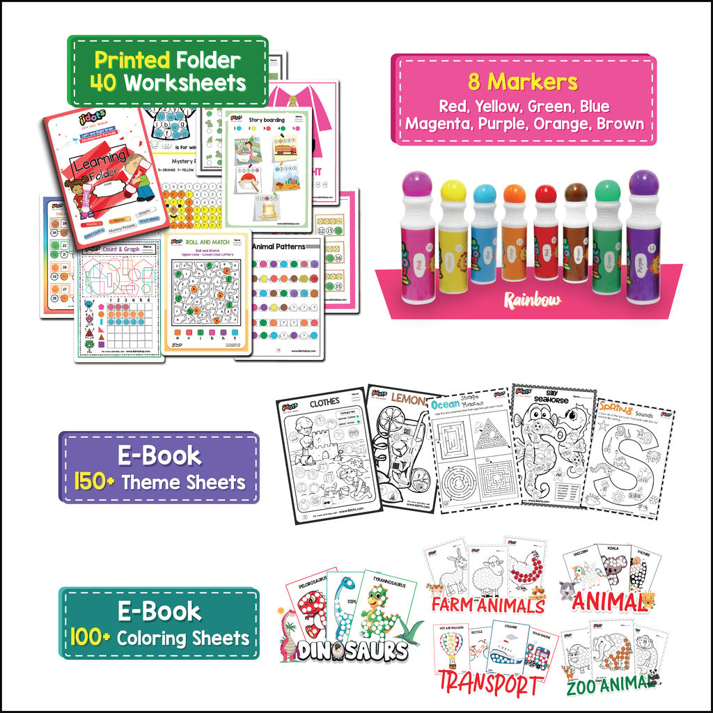 IIDOTS Dot Markers Toddlers Kids 8 Colors Jumbo 60 ml Water Based Non Toxic Fun Art & Craft Supplies | Rainbow Dab 18 mm With 40 Printed Brain Boosting Worksheets & 350+ Theme Based E-Sheets view 2