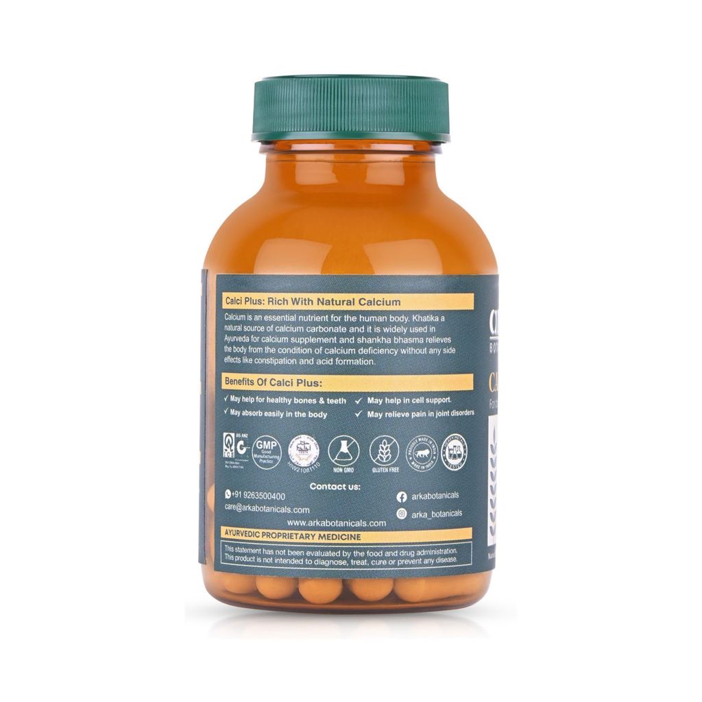 Arka Botanicals Calci Plus 60 Veg Capsules | Daily Bone Health & Strength Support | Plant-Based Calcium with Khatika, Shankh Bhasma & Hadjod Extract | Natural Supplement for Bone Density & Joint Care view 2