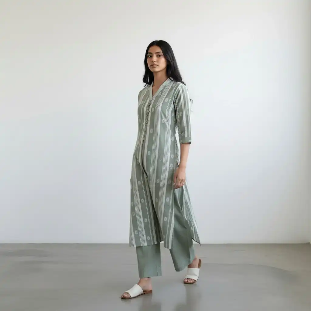 Handloom Cotton Co-Ord Set — A-line Kali Top with Mirror Work & Palazzo view 2