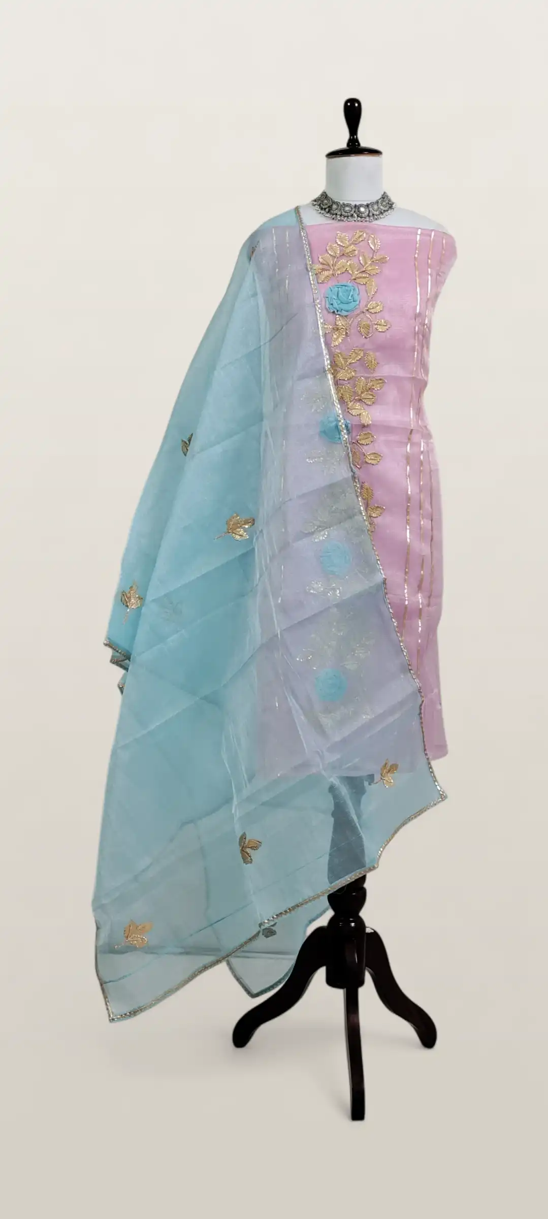 Kota Doria Dress Material Pastel Pink Gold Rose Vine