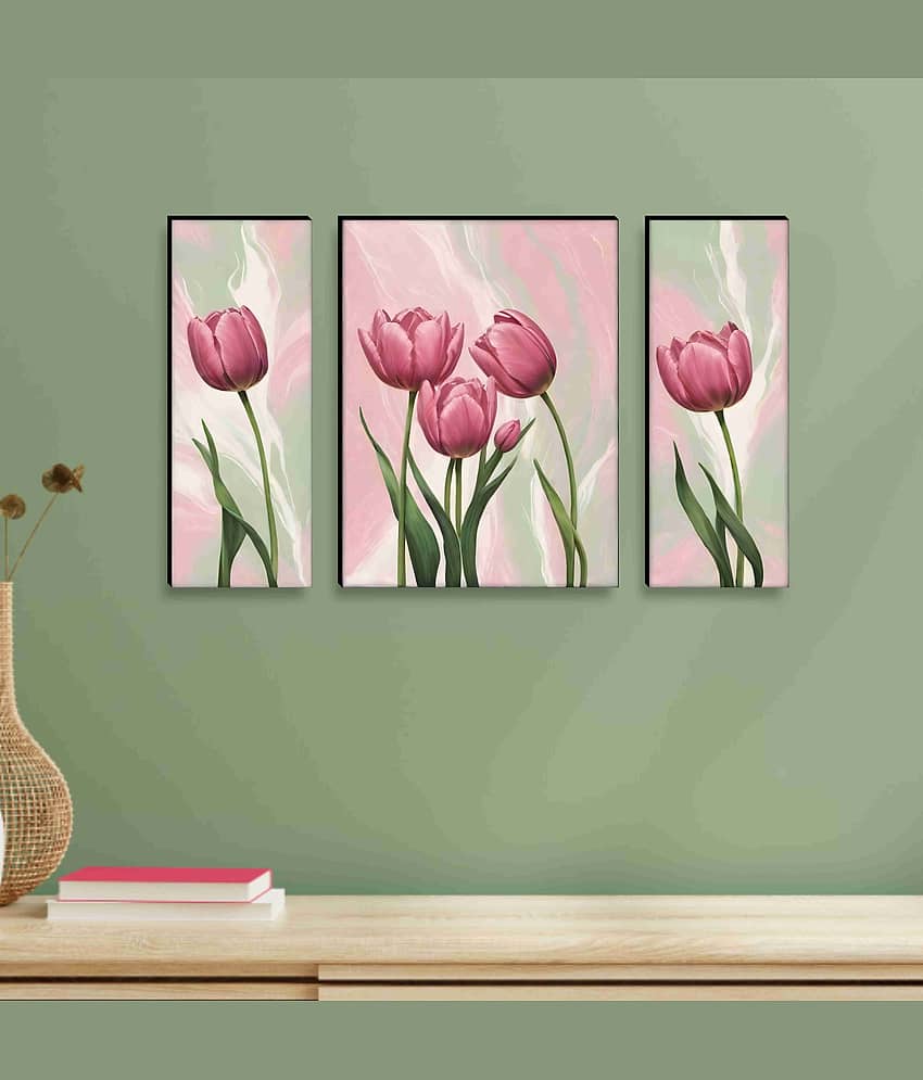 SAF Soft Pink Tulip Wall Art – 3 Panel Modern Botanical Flower Painting in Pastel Green Background for Bedroom & Nature-Loving Décor 12 Inch x 20 Inch view 2
