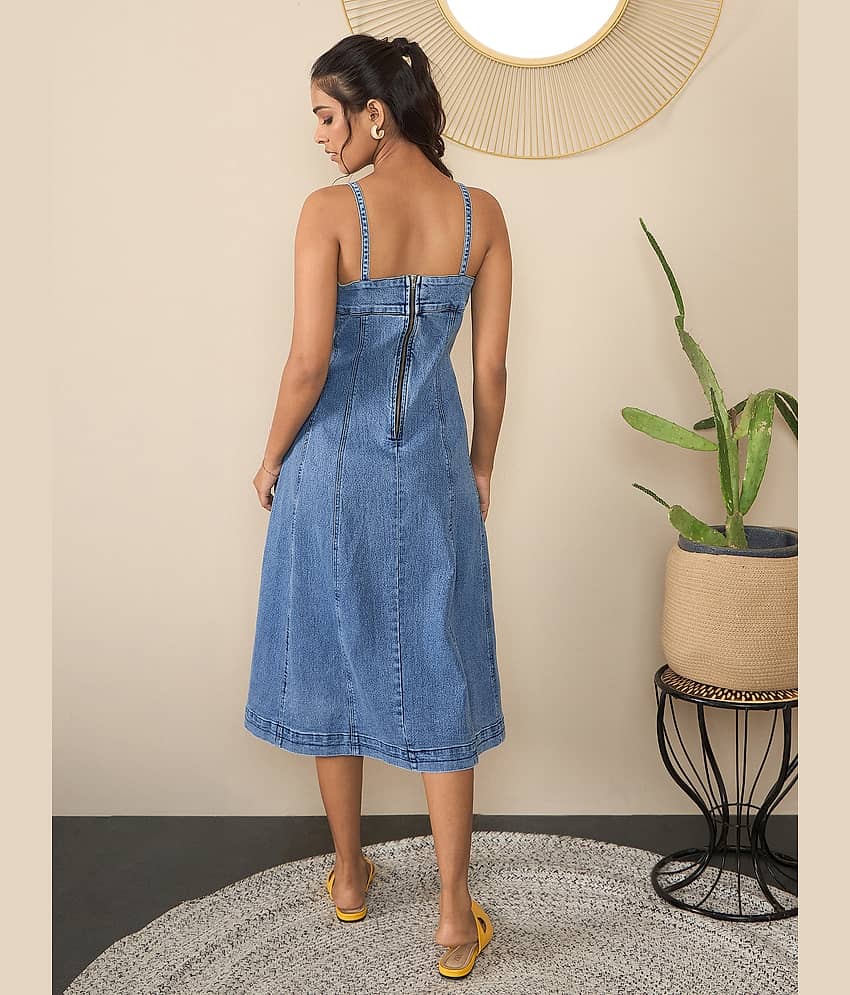 StyleStone Women Denim Solid Fit & Flare Dress ( Blue ) view 2