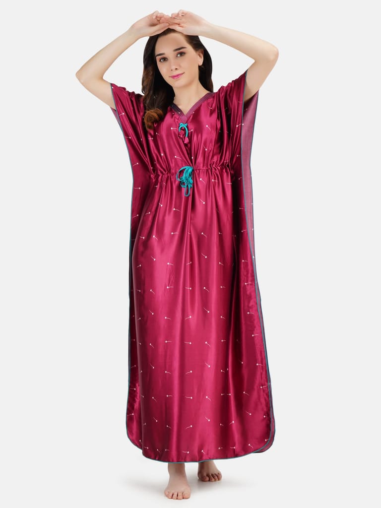 KOI SLEEPWEAR Women's Printed Satin Kaftan Gown/ Maxi Night Gown for Women - Maroon (L) view 2