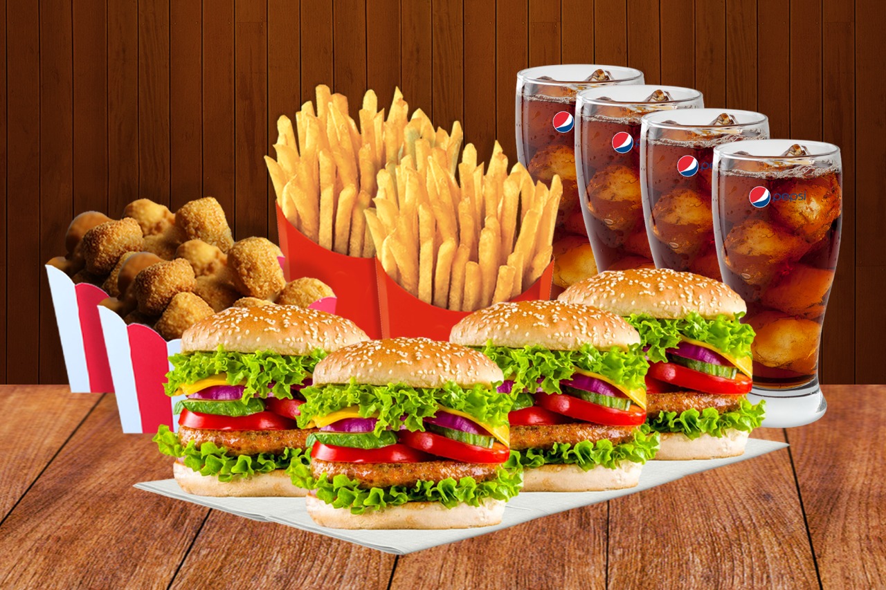 4 chicken burger+2 fries+2 chicken popcorn+2 pepsi