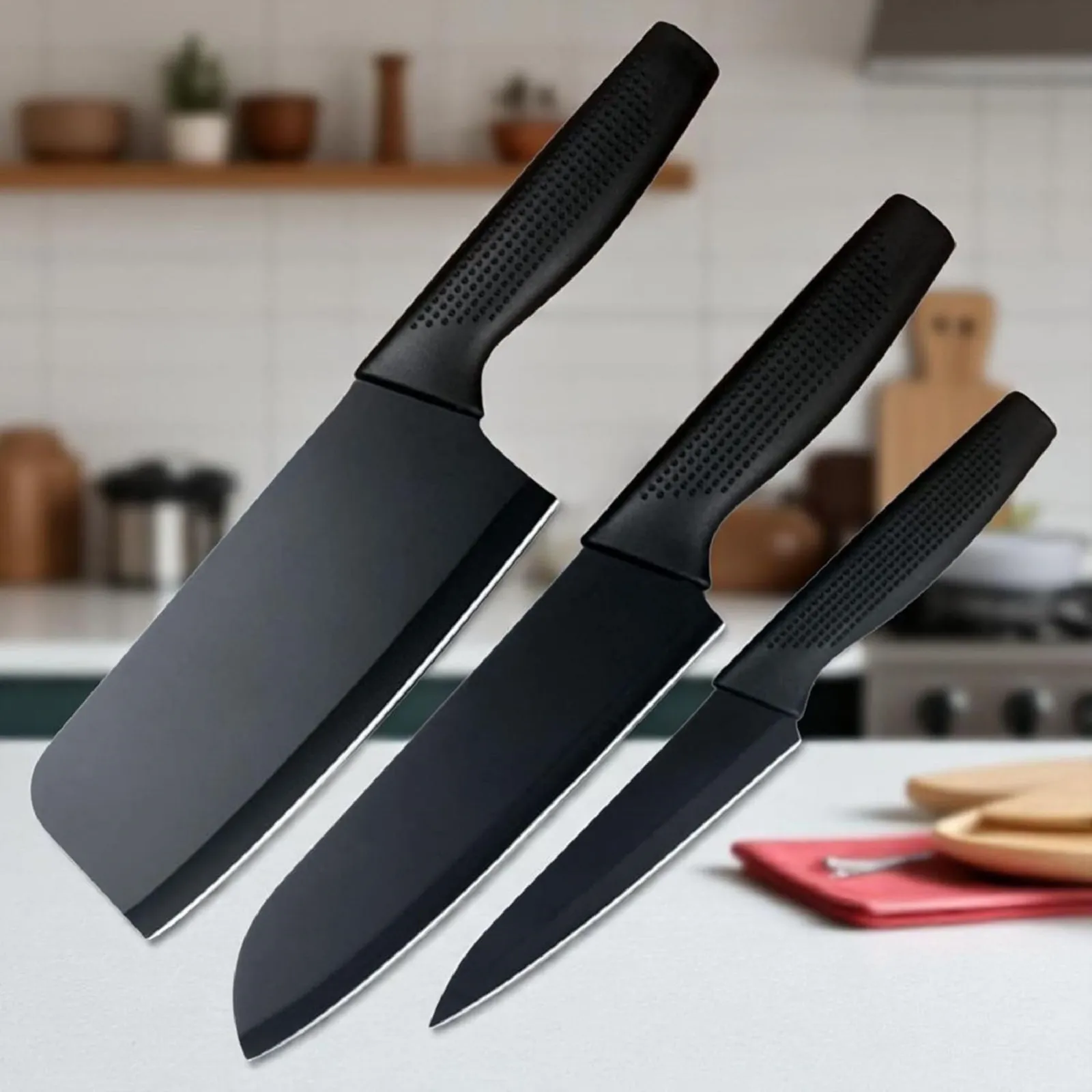 3 Pcs Kitchen Knife Set with Blade Covers Non Stick Black Chef Knife, Cleaver & Utility Knife view 2