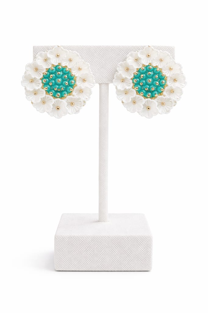 Chic Floral White and Teal Beaded Stud Earrings view 2